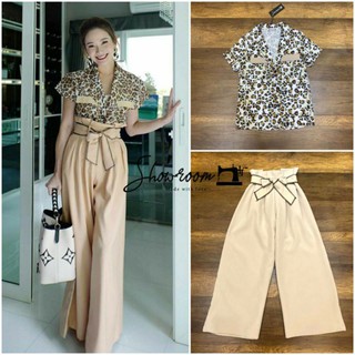 Showroom Brand :: Leopard Beige Co ord set  เซ็ต3ชิ้น เสื้อเชิ้ตแขนสั้น + กางเกงขายาวทรงขากระบอกใหญ่ + สายผ้าคาดเอว