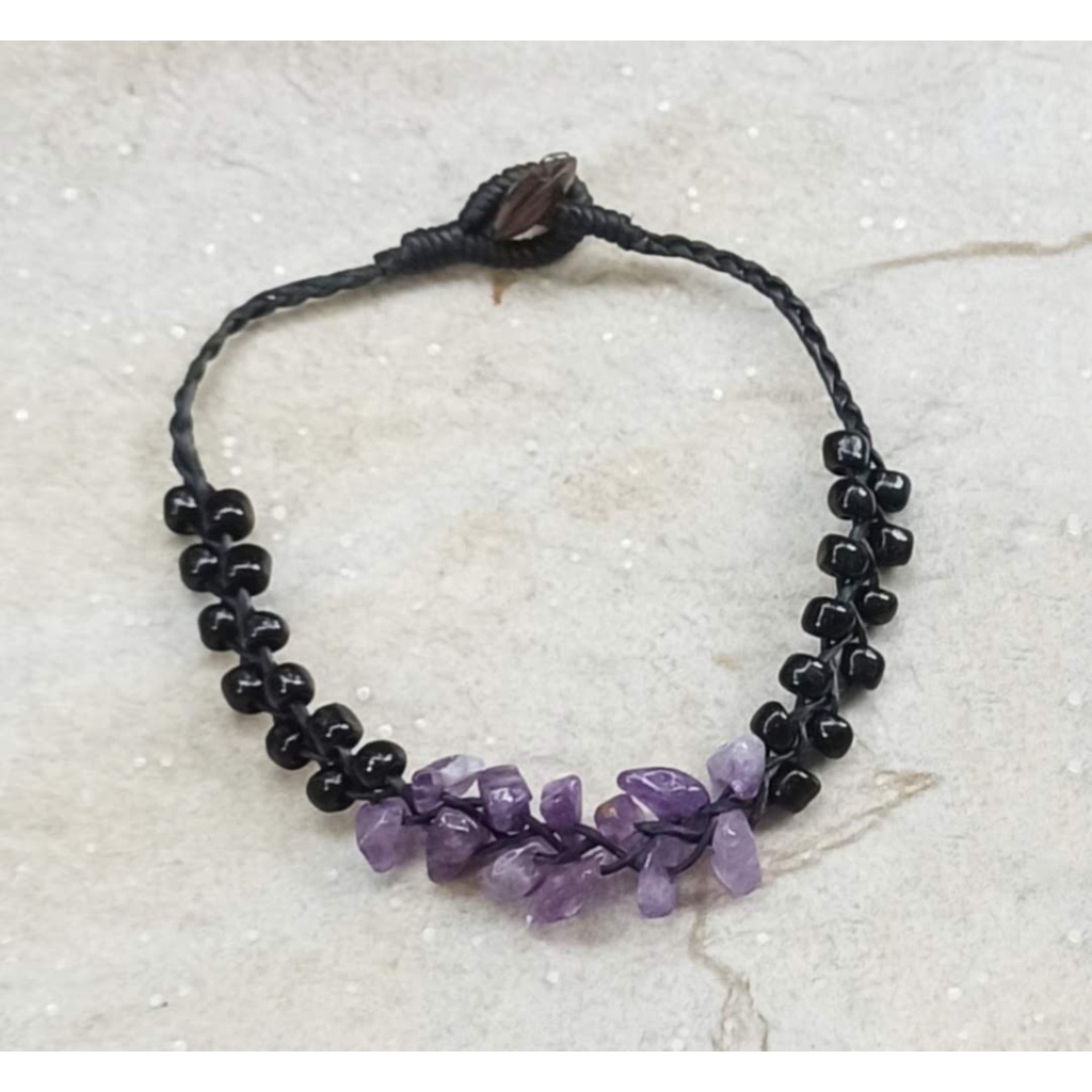 สร้อยข้อมือ กำไลข้อมือ หินนำโชค เชือกเทียน ลูกปัด สีดำ แฮนด์เมด โบโฮ โบฮีเมียน ยิปซี Macrame Stone Bracelet BC10024 - รูปที่ 2