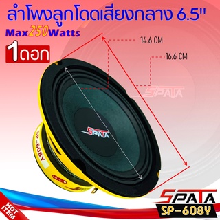 ลำโพงลูกโดด ลำโพงเสียงกลาง ยี่ห้อ SPATA รุ่น SP-608Y ลำโพงติดรถยนต์ 6.5นิ้ว+ฝาตะแกรงหน้าดอก เสียงกลาง ลูกโดดเสียงดี 250ว