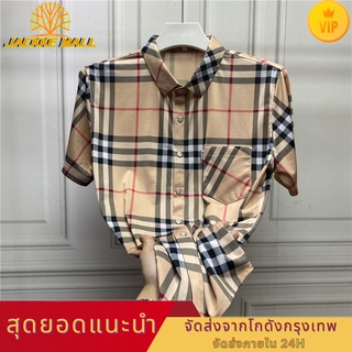 JACKKE MALLเสื้อลายสก๊อต เสื้อแขนสั้น เสื้อเชิ้ตผ้าฝ้าย ในสต็อก สำหรับผู้ชายเสื้อแขนสั้นน้ำแข็งแฟชั่นไม