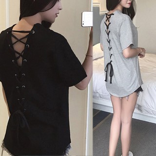 เสื้อยืดลำลองสำหรับสตรีแขนสั้นคอวีสไตล์ฮาราจุกุ