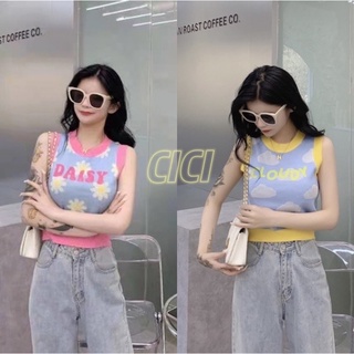 Cici(NO.BZ926)เสื้อครอปแขนกุดไหมพรมknit ทอลายสีหวานคิ้วท์ๆสไตล์เกาหลี