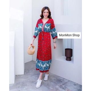 MM6040👗Bohemain MaxiDress แม๊กซี่เดรสพิมพ์ลายสไตล์โบฮีเมี่ยน ลายลูกน้ำ งานสวยน่ารักมากๆนะคะ ช่วงเอวสามารถรูดปรับได้