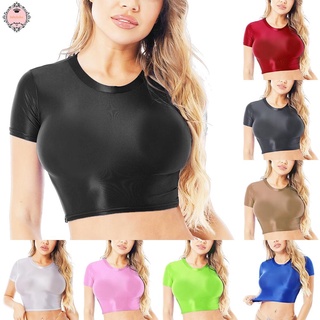 Women Glossy Short Sleeve    Slim Yoga Gym Sports  solid color Crop Tops