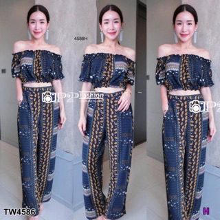 PE4586 Set 2 ชิ้น เสื้อปาดไหล่ ยางยืด แขนทรงตุ๊กตาน่ารัก พิมพ์ลายกราฟฟิก + กางเกงขายาว ทรงตรง