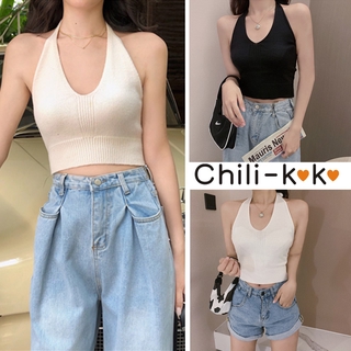 Chili_k❤️k❤️ 362 เสื้อสายเดี่ยวผูกคอ โชว์หลัง คอวี แขนเว้า ผ้าไหมพรม เนื้อบาง สไตล์เกาหลี สุดเซ็กซี่