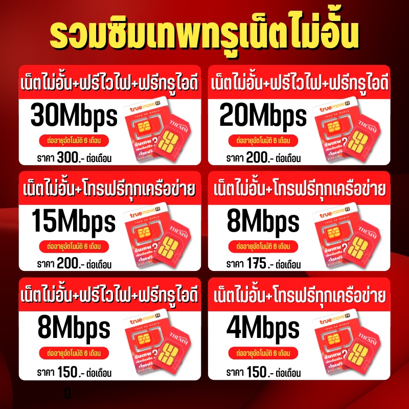 ซิมเทพทรู ซิมทรู เน็ตไม่อั้น ไม่ลดสปีด 4Mb 8Mb 15Mb 20Mb 30Mb โทรฟรีทุกเครือข่าย ครั้งละ 15นาที ตลอด