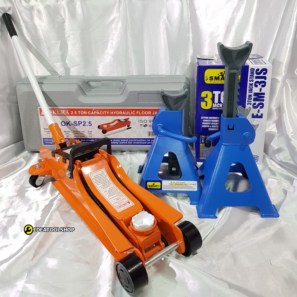 แม่แรง 2.5 ตัน + ขาตั้ง 3 ตัน SMART แบบ โหลดเตี้ย [รุ่นงานหนัก] OKURA รุ่น OK-SP2.5 ตะเข้ 2.5 Ton + ขาตั้ง รุ่น E-SM-3JS ราคา ถูกที่สุด ดีลบีเคเค