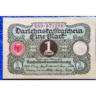 แบงก์​เยอรมัน​อายุ​100​ปี​ Germany, (ยุค​Weimar​ Republic), 1 Mark, #B568L,ไม่​ผ่าน​ใช้​ UNC