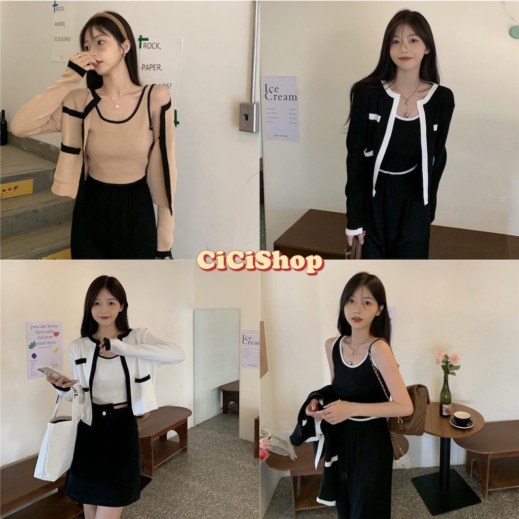 Cicishop(3030)เซตเสื้อกล้าม+เสื้อคลุมผ้าไหมพรมสีทูโทน ใส่จับคู่คิ้วท์ๆสไตล์โคเรีย