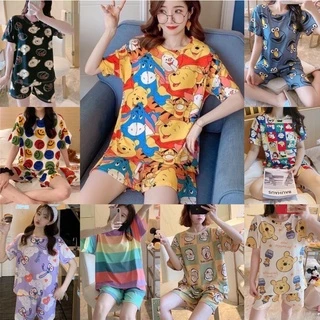พร้อมส่ง🌟ชุดนอนการ์ตูนชุดแขนสั้นกางเกงขาสั้นผ้าฝ้ายระบายอากาศสบาย