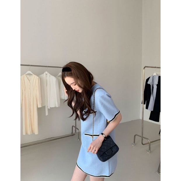 พร้อมส่ง2สี กรมท่าเข้ม ,ฟ้า เดรสสั้นผ้าทอ เดรสทำงาน D056 - รูปที่ 4