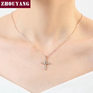 เครื่องประดับ ZHOUYANG สร้อยคอกางเขนกุหลาบสีทองจี้สร้อยคอเพชรสำหรับผู้หญิงผู้ชายพรรคอธิษฐาน ZYN451