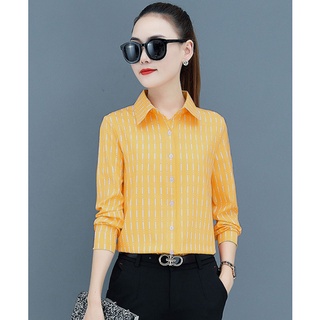พร้อมส่ง เสื้อเชิ้ตแขนยาว  ลายทางเหลือง