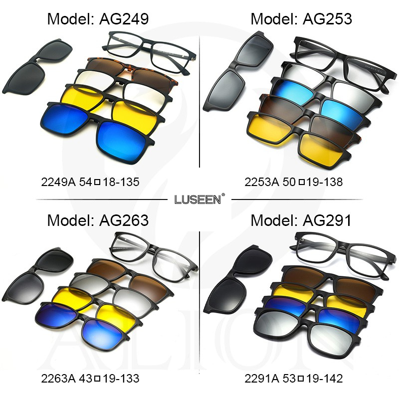 LUSEEN 6 in 1 แว่นกันแดด แฟชั่น แว่นสายตากันแดด แว่นกันแดดแบบถอดเปลี่ยนได้ แว่นตาดำผู้ชาย แว่นตา กัน แดด SET1