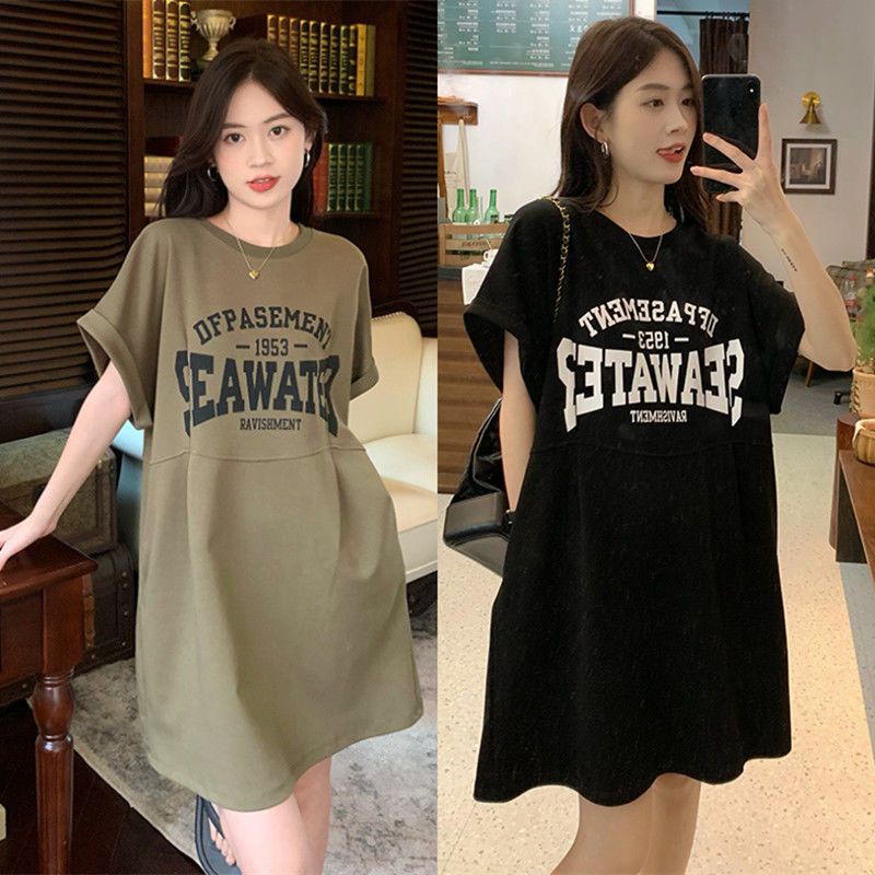 เดรสไซส์ใหญ่,เสื้อยืดยาวปานกลาง,หลวมและสบาย,เสื้อผ้าสาวอ้วน,แฟชั่นชุดคลุมท้อง