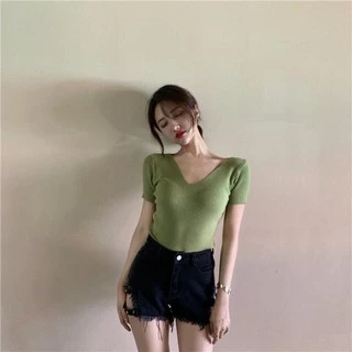 🌟Fairy🔥พร้อมส่ง‼️🔥 Knitted V-neck เสื้อไหมพรม คอวี สีพื้น เสื้อสไตล์เกาหลี💠 #9966