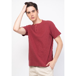 Skelly เสื้อยืดแขนสั้นผู้ชาย สีม่วงแดง Waffle Henley Tee Burgundy