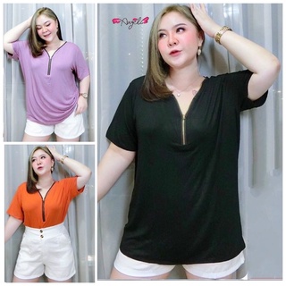 เสื้อยืดแฟชั่นสาวอวบคอวีซิบหน้า,เสื้อยืดสาวพลัสไซส์.3XL-4XL