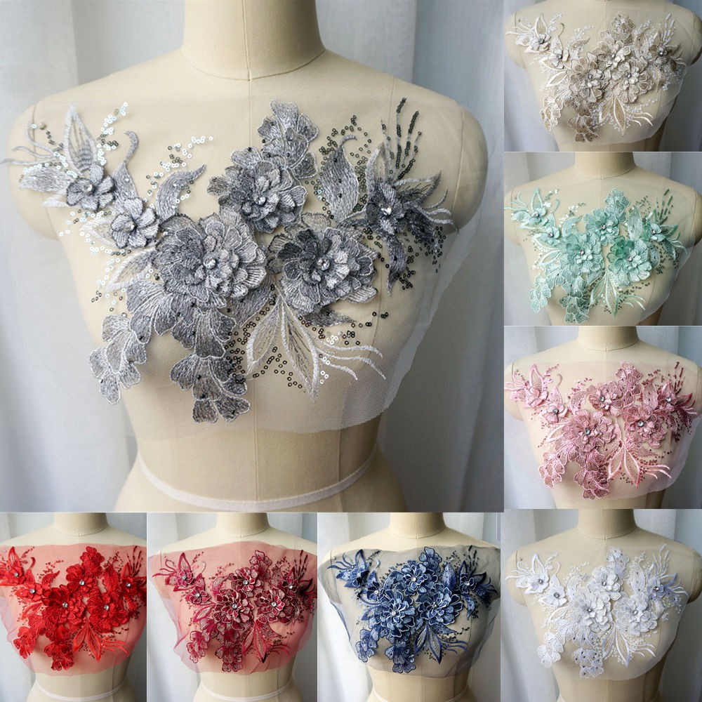 Vintage ดอกไม้เลื่อมลูกไม้เย็บปักถักร้อย Applique Rhinestone Collar Patch ชุดแต่งงานชุดเจ้าสาว DIY