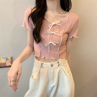 พร้อมส่ง เสื้อยืดแขนสั้น ผ้าถัก แบบบาง ประดับโบว์ สําหรับผู้หญิง JL-TX-125