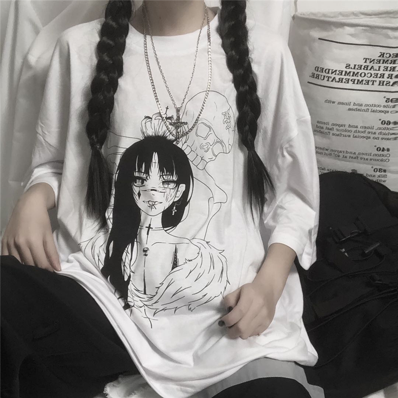 ส่งไวจากไทย[SELLDA] เสื้อยืด เสื้อโอเวอร์ไซซ์ ลายการ์ตูน คอกลม แขนสั้น สไตล์เกาหลี สำหรับผู้หญิง:ขาว,L