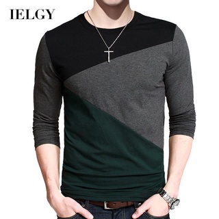 IELGY เสื้อยืดแฟชั่นผู้ชายคอกลมแขนยาวผ้าฝ้ายสีดําทรงสลิม