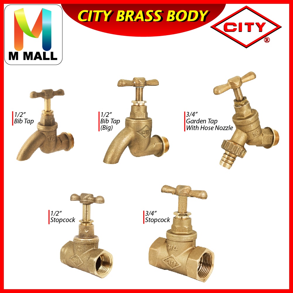 M MALL CITY Brass Bib Tap / Stopcock / Garden Tap Kitchen & Bathroom Sink Faucet (1/2 นิ้ว & 3/4 นิ้