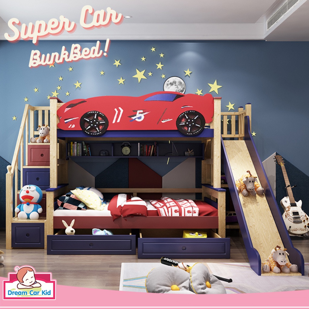 เตียง 2 ชั้น Super Car Bunk Bed 5 ฟุต (สีไม้-น้ำเงิน)