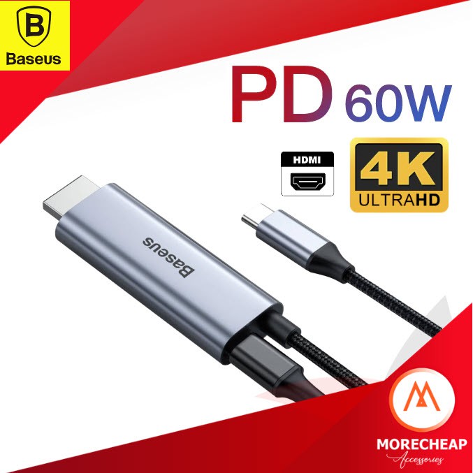 🔥ถูก/แท้🔥Baseus 2in1 สาย USB-C to HDMI 4K60Hz + รองรับการชาร์จ PD 60W For UHD FHD MacBook Pro Samsung Huawei
