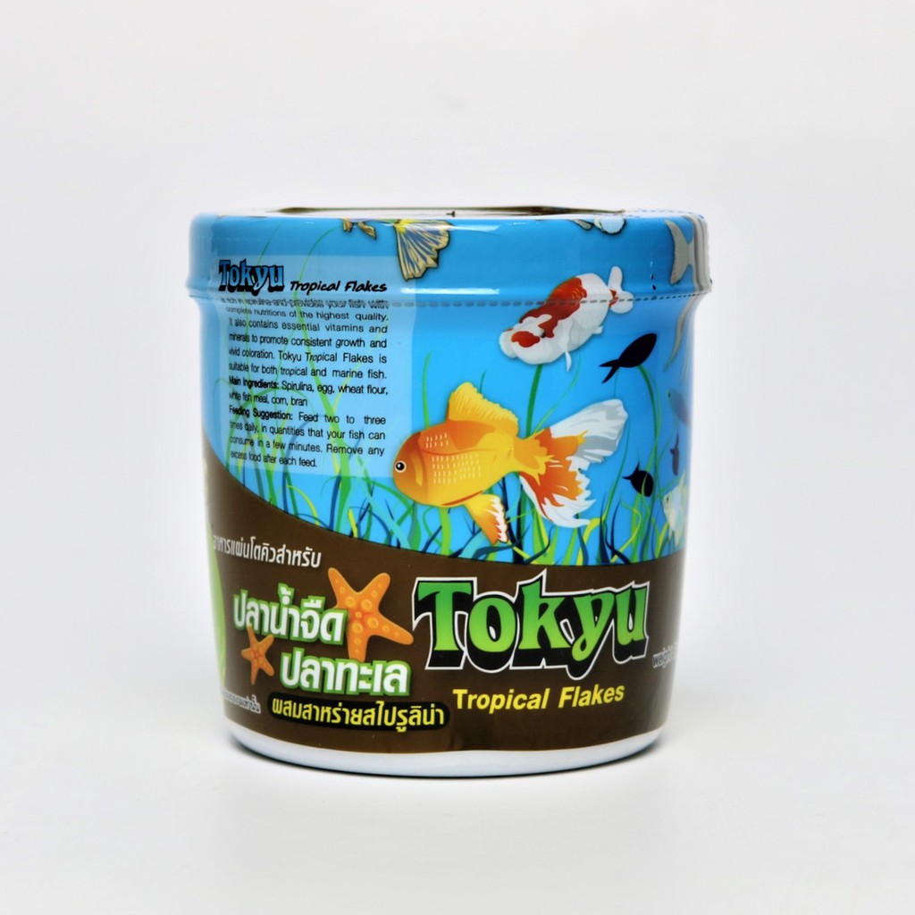 Tokyu Tropical Flakes อาหารแผ่น โตคิว สำหรับปลาน้ำจืด ปลาทะเล ผสมสาหร่ายสไปรูลิน่า ขนาด 60 g.
