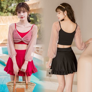 Red Black 0340 swimsuit มี2สี เซ็ท3ชิ้น ชุดว่ายน้ำแฟชั่น พร้อมกระโปรง ชุดเที่ยวทะเล บิกินี่ long sleeve women swimwear