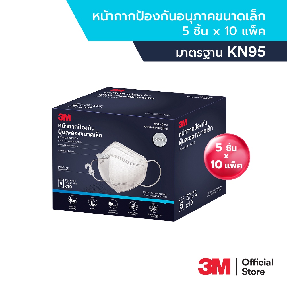 3M™ หน้ากากป้องกันฝุ่นละอองขนาดเล็ก KN95 สามารถกรองฝุ่นละอองขนาดเล็ก PM 2.5 สีขาว