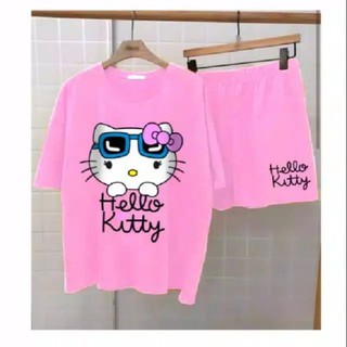 V5 ชุดเซตเสื้อท็อป ลาย HELLO KITTY สําหรับผู้หญิง | กางเกงขาสั้น แบบผูกเชือก สําหรับเด็กผู้หญิง