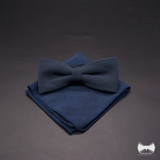 เซ็ทหูกระต่ายวูลสีกรม+ ผ้าเช็ดหน้าสูทSuede-Navy Wool Satin Bowtie + Suede Pocket square