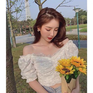 เสื้อครอปเดรสหน้าอก ปักดอกไม้