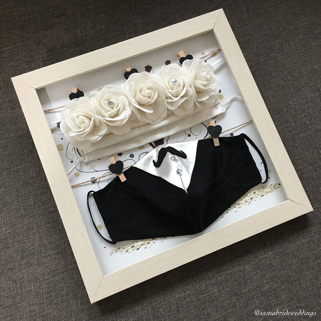 3D Flower & Tuxedo Diamond Bride & Groom Face Masks in Frame Wedding Couple Face Mask Set