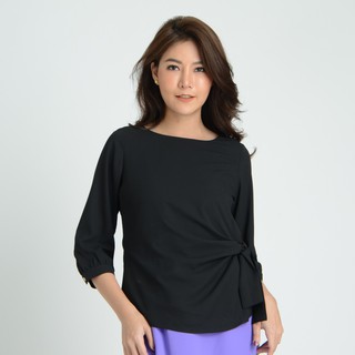 GSP BLOUSE เสื้อจีเอสพี เสื้อไม่มีปก แขนยาวสามส่วน สีดำ มีดีเทลผูกด้านหน้า (SL41BL)