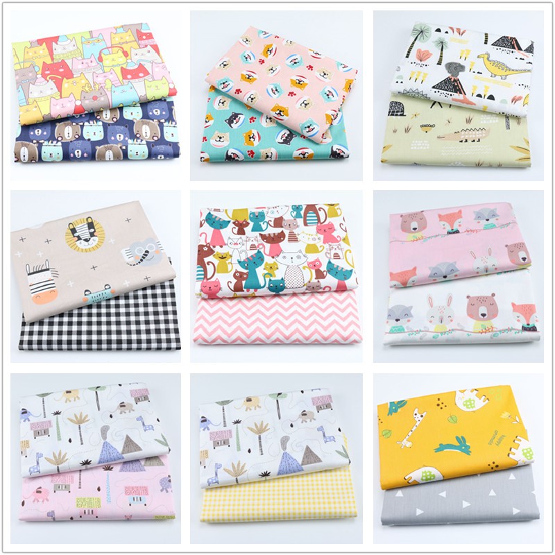 2PCS การออกแบบสัตว์การ์ตูนผ้าฝ้าย Twill พิมพ์ผ้าสําหรับ DIY เด็กทารกผ้าปูที่นอน Patchwork เย็บ Quilting ไขมัน Quarters ผ้า Bundle 50 ซม. * 160 ซม.และ 50 ซม. * 80 ซม.
