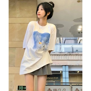 (พร้อมส่ง) เสื้อยืดผู้หญิง พิมพ์ลายสีฟ้าน่ารักๆ เสื้อสไตล์เกาหลี