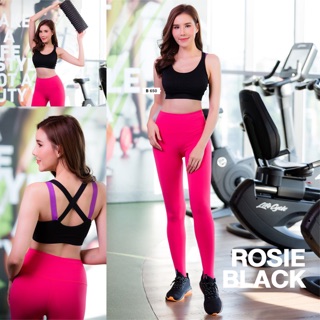 #SS94 Rosie black สปอร์ตบราสีดำแบบสวมผ้าทอเต็มตัว สายหลังแบบไขว้ สายบราสีดำและสีม่วง +#SS83 Jasmin กางเกงสีชมพูสะท้อนแสง