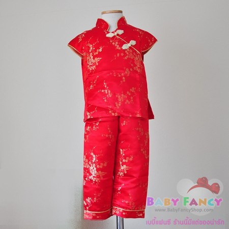 ชุดจีนเด็กหญิง เสื้อคอเฉียง+กางเกงขายาว ผ้าไหมแพรปักลาย กุ๊นขอบสีทอง งานเนี๊ยบ เหมาะกับตรุษจีน :: สีแดงลายดอกเหมย