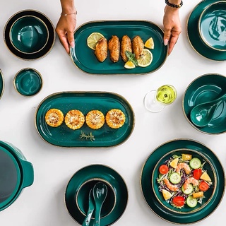  Tableware ชุดจานชามเซรามิค ชุดจานชาม จาน ชาม ถ้วย ช้อน สไตล์ยุโรป หรูหราเซรามิคสีเขียวขอบทอง 9ชิ้น-26ชิ้น/ชุด (GREEN)