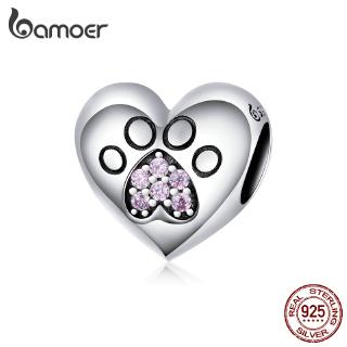 BAMOER Pet Footprint Lettring Heart Shape Charm 925 Sterling Silver