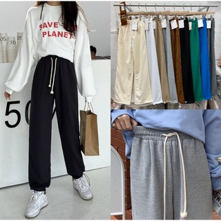 LADY_JEANS #9089( ใส่โค้ด LADYJ8 ลด 15% )กางเกงขายาวแฟชั่น กางเกงวอร์มทรงกระบอก ผ้าวอฟเฟิล ปลายขารูดจั๊มได้สีดำพร้อม