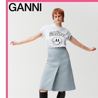 Ganni เสื้อยืดลําลอง แขนสั้น คอกลม พิมพ์ลายหน้ายิ้ม แฟชั่นฤดูใบไม้ผลิ สําหรับสตรี