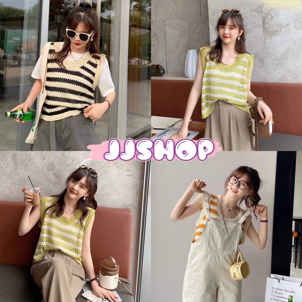 JJ Shop​ ​พร้อมส่ง เสื้อกล้ามถักด้วยไหมพรม ลายทางน่ารักมีรูระบาย "22021"