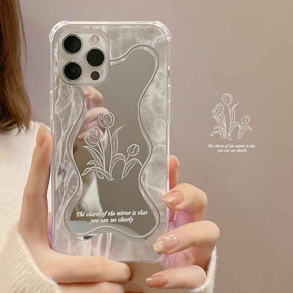 เคสไอโฟนเคสโทรศัพท์มือถือซิลิโคน TPU ลายดอกทิวลิป พร้อมกระจกโต๊ะเครื่องแป้ง สําหรับ iPhone 11 pro max X Xr Xs 7 8 14 Plus Se 2020 12 pro max 13