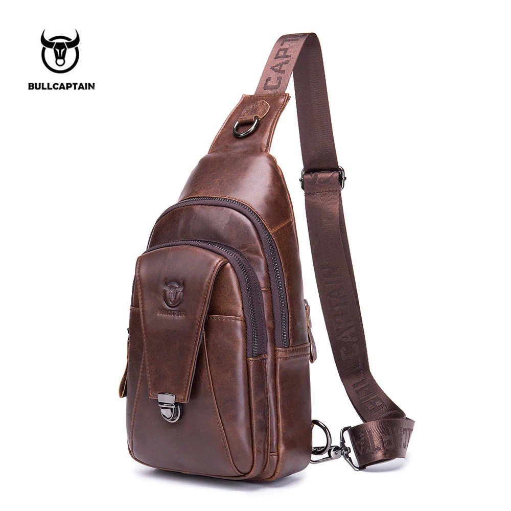 คลังสินค้าพร้อม BULLCAPTAIN คุณภาพสูงผู้ชายหนังแท้ Cowhide Vintage Chest Back Pack Travel แฟชั่น Cross Body Messenger Shouldere