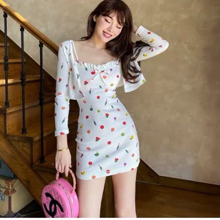 ชุดเซ็ท2ชิ้น (cherry) (orange) (fruit) (fruit) มินิเดรสสายเดี่ยว+เสื้อคาร์ดิแกร